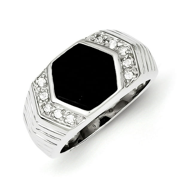 Sterling Silver Mens Synthetic CZ & Onyx Ring 